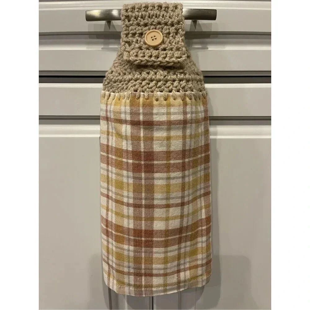 Crochet Top Kitchen Towel- Brown Plaid Neutrals